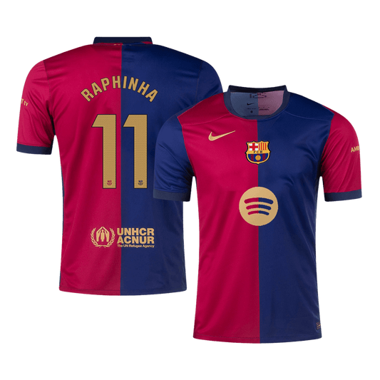 Barcelona Jersey RAPHINHA #11 Soccer Jersey Home 2024/25 Spotify Logo Without Text